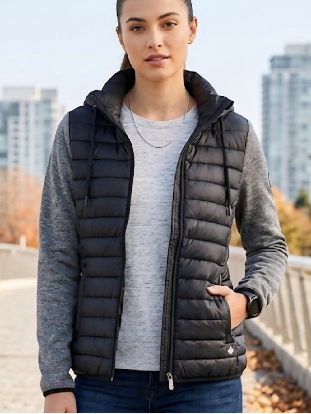 Black Puffer Jacket with Gray Sleeves - Lightweight Hooded Jacket Sz. XL